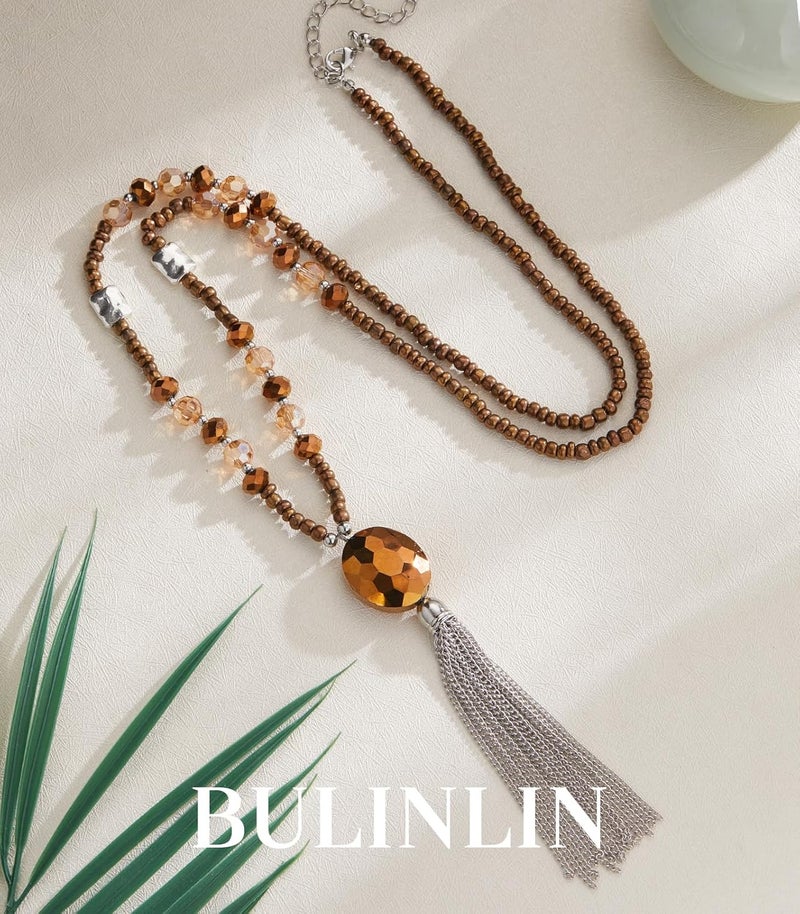 BULINLIN Boho Beaded Long Necklaces for Women Chunky Bead Pendant Necklace with Crystal Tassel Costume Jewelry Gifts for Her - Image 2